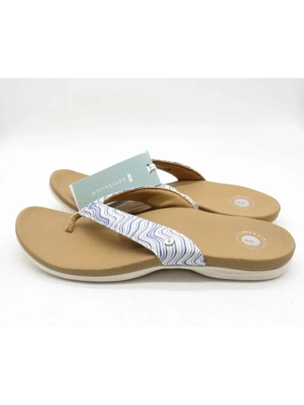 Revitalign Wave Womens Orthotic Flip Flops Cushioned Footbed Tan Blue 12 D NEW